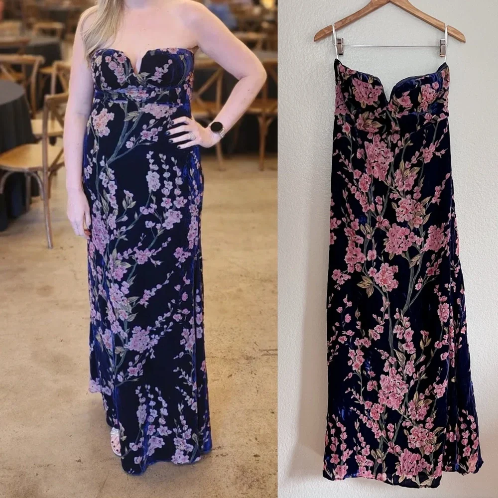 Navy Blue Floral Print Velvet Strapless Maxi Dress NWOT XL_3